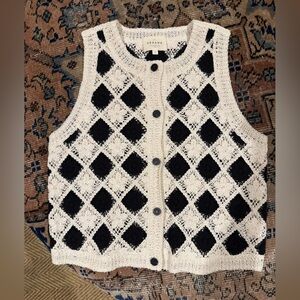 Sezane Black and Cream Argyle crochet Cardigan